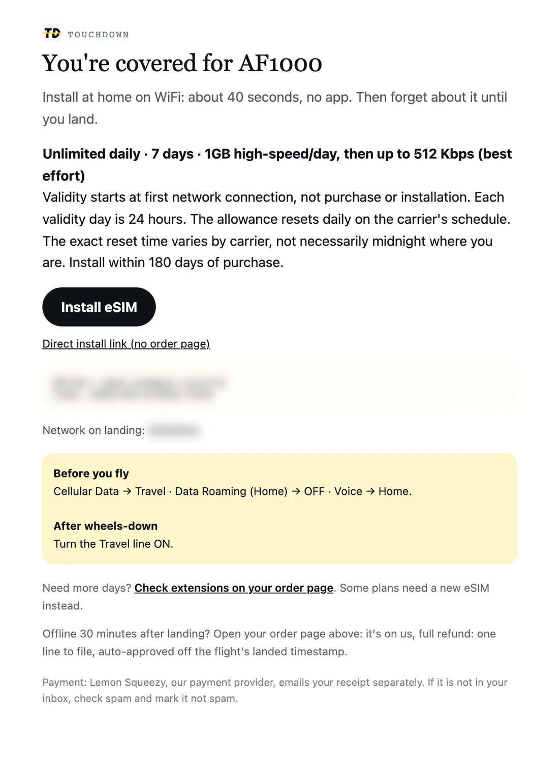 The purchase email for a daily plan, with its high-speed allowance, reduced speed, validity and install button. Demo activation code and network are blurred.
